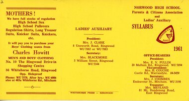 Card, Norwood High School, Ringwood, Victoria, Parents & Citizens Association and Ladies' Auxiliary Syllabus - 1961