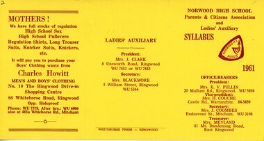 Card, Norwood High School, Ringwood, Victoria, Parents & Citizens Association and Ladies' Auxiliary Syllabus - 1961
