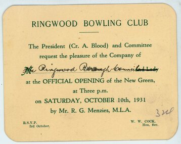 Print, Ringwood Bowling Club invitations to the openings of the bowling and croquet greens (1931-39)