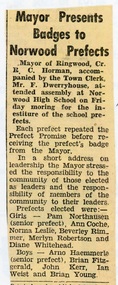 Newspaper - Clipping, Mayor Presents Badges to Norwood Prefects. The Post,  Ringwood, Victoria, 10 January, 1961
