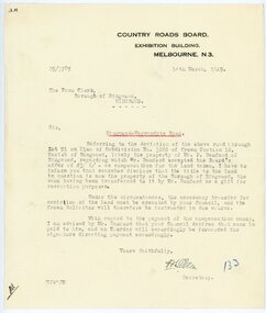 Letter, From Country Roads Board re compensation for road-widening land from Mr Bamford in 1929