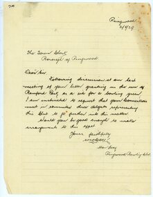 Letter, Ringwood Bowling Club requesting to meet councillors regarding the use of Bamford Park in 1929