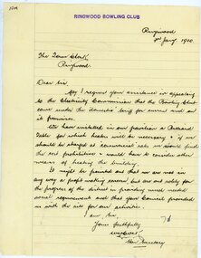 Letter, Ringwood Bowling Club wanting the council to ask the Electricity Commission for low tariff power in 1930