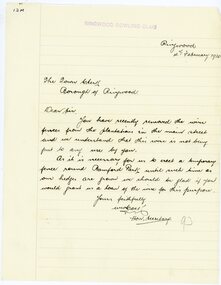 Letter, Ringwood Bowling Club wanting loan of wire fencing until the hedges grow in 1930