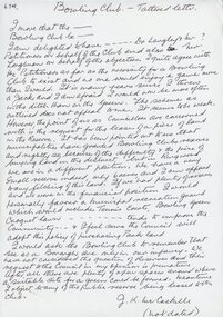 Letter, JK McCaskill objecting to the Bowling Club using further public reserve land