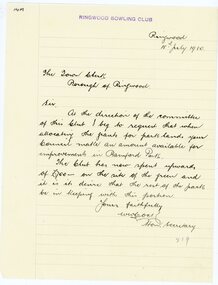 Letter, Ringwood Bowling Club asking the council for a grant for improvements to Bamford Park in 1930