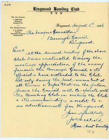 Letter, Ringwood Bowling Club thanking the Mayor and councillors for the many favours given to the Bowling Club, written in 1936