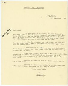 Letter, Borough of Ringwood engineer stating that a road between Warrandyte Road and Adelaide St has been completed in 1931