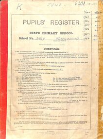 Administrative record, Ringwood State School 2997 - Pupils Register Prefix (K). Admission dates from 1954 to 1956. Student Register No 5943 to 6301