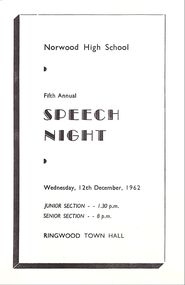Programme - Fifth Annual Speech Night, Norwood High School, Ringwood, Victoria, 1962