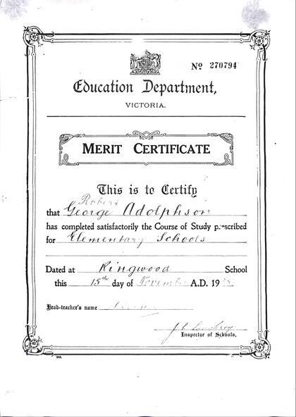 Document, Ringwood State School - Merit Certificate for Robert George  Adolphson, 1935