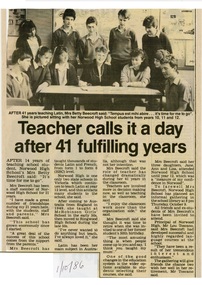 Newspaper - Clipping, Norwood High School,  Ringwood, Victoria - Teacher calls it a day after 41 years, 1986
