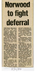 Newspaper - Clipping, Norwood High School,  Ringwood, Victoria - Deferral of capital works program, 1986