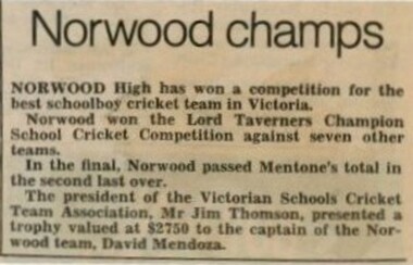Newspaper - Clipping, Norwood High School,  Ringwood, Victoria - "Norwood Champs"