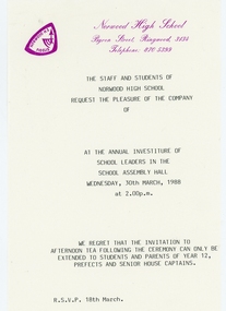 Programme, Norwood High School, Ringwood, Victoria, Investiture of School Leaders 1988