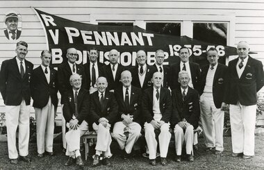 Photograph - Group of Ringwood bowlers, outside the club house in Miles Avenue, celebrating the success in winning Division B2 pennant in the 1955-56 season, Ringwood Bowls Club