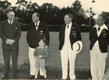 Photograph, Ringwood Bowls Club - Opening day in the 1954-55 season at the Miles Avenue green, with three Ringwood bowlers, a boy and an official looking man