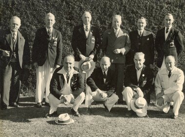 Photograph, Ringwood Bowls Club - Opening day in the 1953-54 season at the Miles Avenue green, with Ringwood bowlers and officials