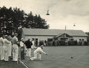 Photograph, Ringwood Bowls Club - Opening day in the 1954-55 season at the Miles Avenue green, showing club house, a large crowd and bowlers competing on the green
