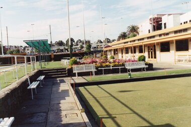 Photograph, Ringwood Bowls Club - Old club rooms and greens - January 1994, in Miles Avenue, near Eastland. Photo taken by Jim Bennett