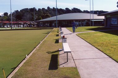 Photograph, Ringwood Bowls Club - New club house and greens at the corner of Warrandyte and Loughnan Roads, 1997. Photo taken by Jim Bennett