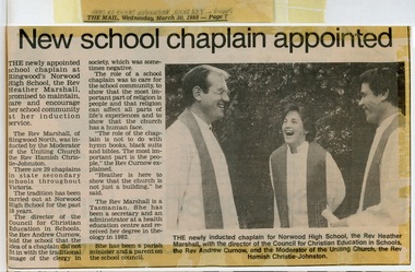 Newspaper - Clipping, Norwood High School,  Ringwood, Victoria - New School Chaplain Appointed