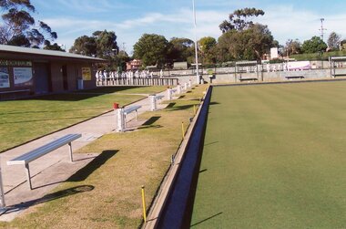 Photograph, Ringwood Bowls Club - New club house and greens at the corner of Warrandyte and Loughnan Roads, 1997. Photo taken by Jim Bennett