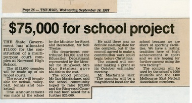 Newspaper - Clipping, Norwood High School,  Ringwood, Victoria - Funding for sporting complex