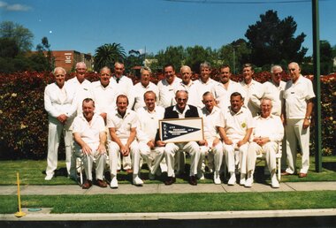 Photograph, Ringwood Bowls Club - Bowlers with Championship Pennant, 1989-90