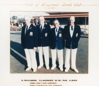 Photograph, Ringwood Bowls Club - Mens, 1986. Winners, Group 12 Fours Championship. Runners up, Metropolitan Fours Chapionship