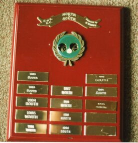 Photograph, Ringwood Bowls Club - Shield presented by Probus Club of Ringwood- 1986. North V's South