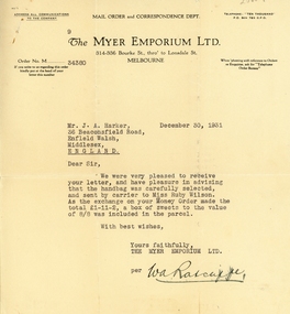 Letter, Archie Harker's correspondence and receipts with Myer Emporium, re gifts to Ruby Wilson in Mitcham  1931-1933