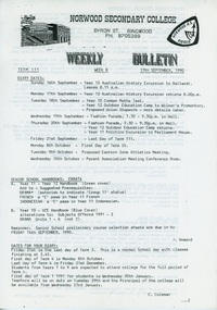 Document - Newsletter, Norwood Secondary College, Ringwood, Victoria - Weekly Bulletin 13th September, 1990