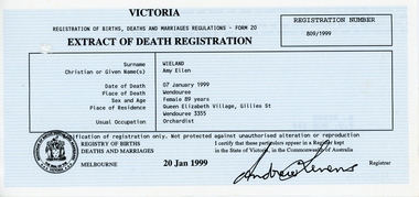 Certificate, Death Certificate Extract and Cremation Certificate for Amy Ellen Wieland, Thelma, (nee Wilson) Ballarat 1999
