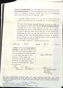 Legal record, Alan Wieland's Will and two  letters to and from the Talbots relating to it Melbourne ,1992