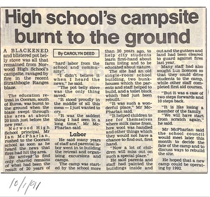 Newspaper - Clipping, Norwood High School/Secondary College,  Ringwood, Victoria - School campsite fire, 1991