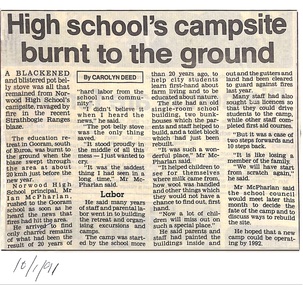 Newspaper - Clipping, Norwood High School/Secondary College,  Ringwood, Victoria - School campsite fire, 1991