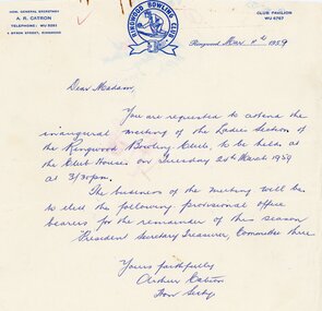 Letter, Ringwood Bowls Club- Invite to inaugural meeting of Ladies Section of Club. Letter dated March 11,1959