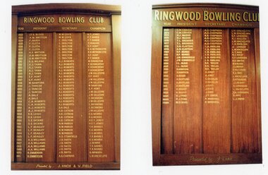 Photograph, Ringwood Bowls Club- Honour Board, President, Secretary, Champion, 1932 to 1996