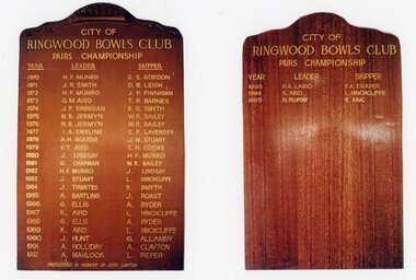 Photograph, Ringwood Bowls Club- Honour Board, Pairs Championship, 1970 to 1996