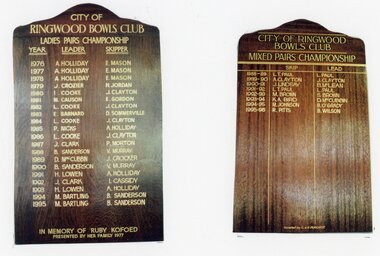 Photograph, Ringwood Bowls Club- Honour Board, Ladies Pairs Championship, 1976 to 1996. Mixed Pairs Championship 1988 to 1996