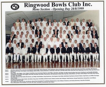 Photograph, Ringwood Bowls Club- Group photograph of Mens Section, Opening Day of new Bowls Club, 28th August, 1999