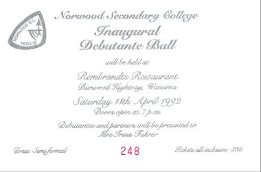 Ephemera, Norwood Secondary College, Ringwood, Victoria - Inaugual Debutante Ball, Rembrandts Restaurant, 11th April, 1992