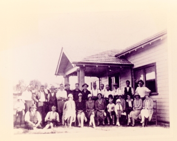Photograph, Ringwood Bowls Club- Group of men and women outside bowls and croquet clubrooms. circ 1930's