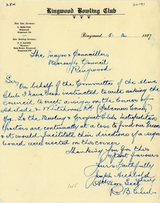 Letter, Ringwood Bowls Club- Letter to Mayor and Councillors, Borough Council, Ringwood, requesting a direction sign to be erected on corner of Adelaide Street and Whitehorse Road (Falconers Corner). Letter dated 5.2.1937