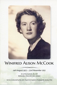 Programme, Order of Service for Funeral for Winifred Alison McCook, long standing Ringwood solicitor - 24th August 1923 - 23rd November 2015