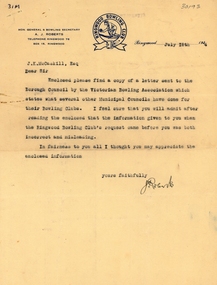 Letter, Ringwood Bowls Club- Letter to J.K. McCaskill, Ringwood Councillor, dated 18th July, 1944, with attached letter from Victorian Bowling Association to Ringwood Borough Council