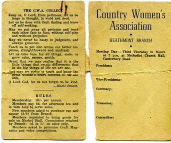 Card, Heathmont Country Women's Association Branch Information and Syllabus Card 1962 and 1963