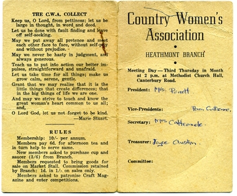 Card, Heathmont Country Women's Association Branch Information and Syllabus Card 1983