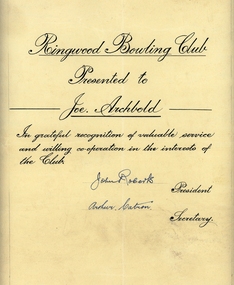 Certificate, Ringwood Bowls Club- Certificate presented to Joe Archbold, c1956
